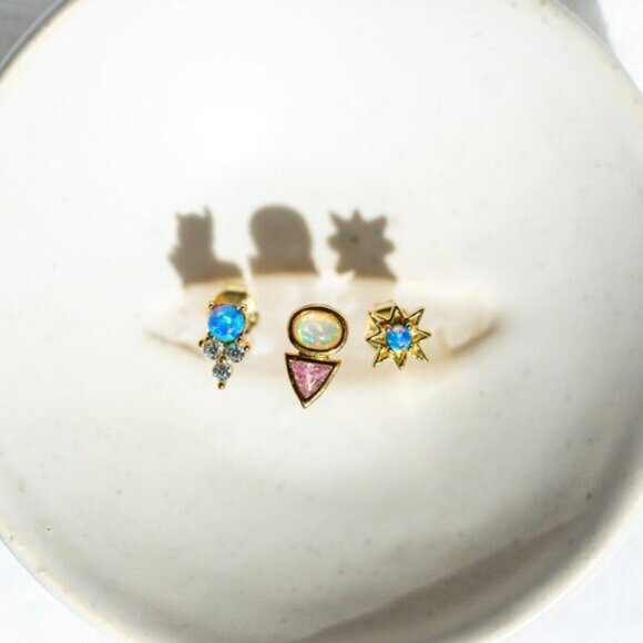 Tiny Stud Earrings Opal and Pink CZ Triangle Opal & Crystal Dainty Studs PRETTY - Picture 11 of 12